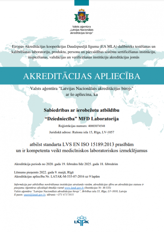 LATAK Akreditācijas apliecība LVS EN ISO 15189_2013